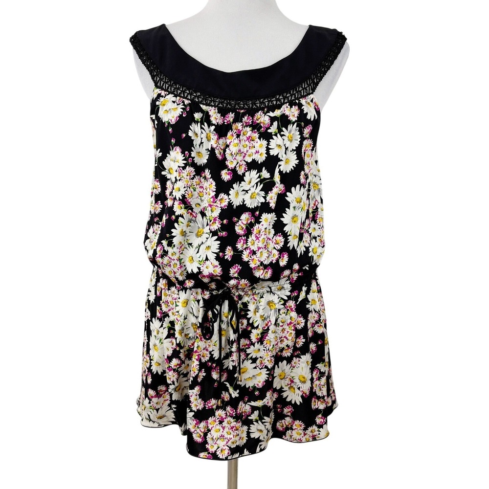 Blumarine Black Floral Tunic Top Size 46 or US 10 Silk Crochet Lace Sleeveless